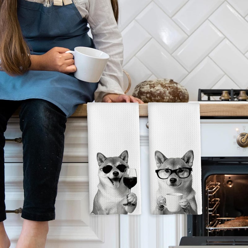 Mcehtle Funny Shiba Inu Kitchen Towels Set of 2, Funny Dog Kitchen Accessories, Coffee Wine Station Decor, Chef Gift Hand Towel, Dining Room Decorative Tea Towel Dish Towels 16x24 Inch - Image 3